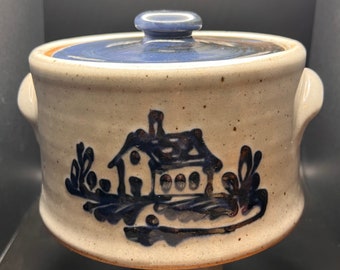 R & B Diebboll lidded stoneware crock with applied lug handles