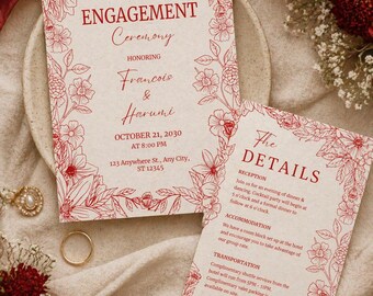 Plantilla de invitación de compromiso con diseño floral rojo, paquete de invitaciones de boda (descarga digital)