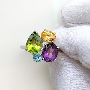 Natural Citrine, Peridot, Amethyst & Blue Topaz Silver Ring, Multi Stone Colorful Gemstone Ring, 4 Stone Cocktail Ring, Wedding Ring Gift