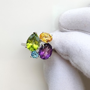 Bague cocktail en argent sterling multi-pierres précieuses : citrine, péridot, améthyste et topaze bleue