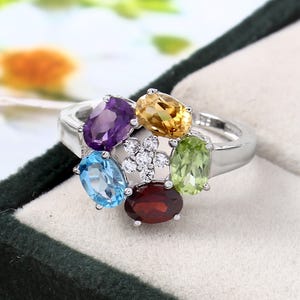 Multi Stone Cluster Sterling Silver Ring, Natural Citrine, Peridot, Garnet, Amethyst & Blue Topaz Ring, 5 Stone Wedding Ring, Birthday Gift
