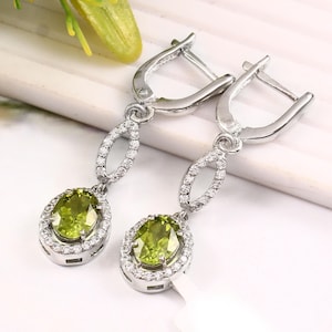 Natural Green Peridot Dangle Earrings, 925 Sterling Silver Wedding Earrings, Oval Cut Green Gemstone Drop Earrings, August Birthstone Gift