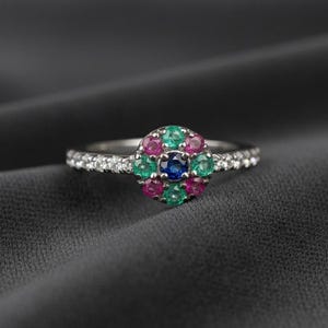 Emerald Ruby Blue Sapphire Sterling Silver Ring, Flower Cluster Ring, Multi Gemstone Colorful Ring, Dainty Women's Jewelry, Birthday Gift