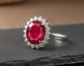 5 Ct Oval Red Ruby Silver Ring, Halo Engagement Ring, 925 Sterling Silver Jewelry, Princess Diana Ring, July Birthstone Gift