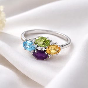 Silverring med naturlig citrin, peridot, ametist och blå topas, flerfärgade ringar, vigselring i 925 sterlingsilver, cocktailring med 4 stenar