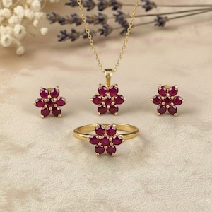 Ruby Red Gold Jewelry Set: Handmade Ruby Flower Necklace Pendant, Gemstone Stud Earrings, Floral Silver Ring, Birthstone Bridal Jewelry Gift