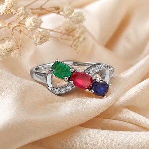 Bague en argent saphir rubis émeraude, bague 3 pierres, bague multicolore, bagues infini minimalistes, bijoux délicats pour femme, cadeau d'anniversaire pour elle