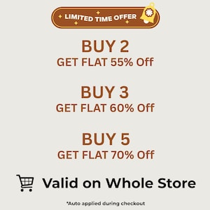 May include: A promotional graphic with text on a beige background. The text includes "LIMITED TIME OFFER," "BUY 2 GET FLAT 55% Off," "BUY 3 GET FLAT 60% Off," and "BUY 5 GET FLAT 70% Off." The text "Valid on Whole Store" is also present.