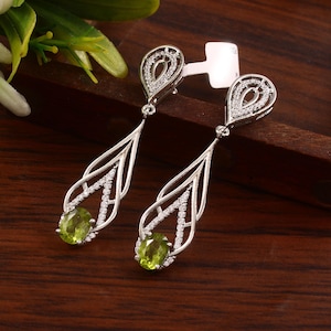 Natural Peridot Long Dangle Earrings, 925 Sterling Silver, Oval Cut Green Gemstone Jewelry, August Birthstone, Wedding Earrings Gift For Her