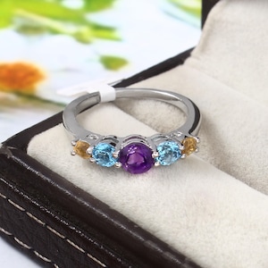 Multi Stone 925 Sterling Silver Ring, Natural Amethyst, Blue Topaz & Citrine Ring, Colorful Ring, 5 Stone Cocktail Ring, Anniversary Gift