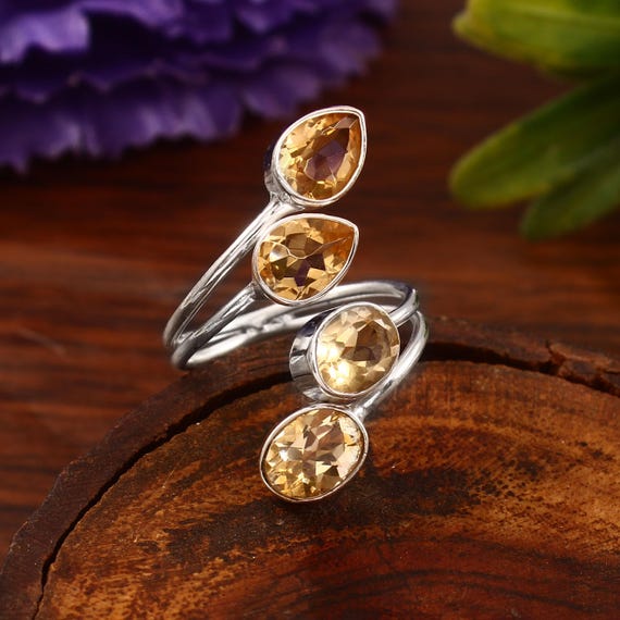 Real Yellow Citrine Bypass Statement Silver Ring, Four Stone 