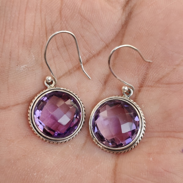 Natural Amethyst Dangle Drop Earrings 925 Sterling Silver Earring Beautiful Purple Earring Round Shape Handmade Jewelry February Birthstone