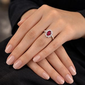 Red Ruby Sterling Silver Ring, Oval Shape Solitaire Ring, 925 Silver Jewelry, Halo Engagement Ring, Princess Diana Ring, Christmas Gift