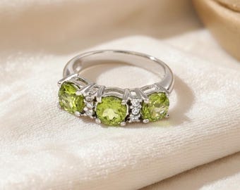 Peridot Three Stone Ring 925 Sterling Silver, Green Peridot Diamond Ring, August Birthstone, Anniversary Engagement Ring, Gift for Her