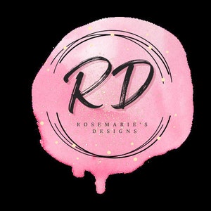 May include: Pink watercolor circle with a black outline and gold glitter. The initials "RD" are written in black script inside the circle. The text "Rosemarie's Designs" is written in black below the circle.