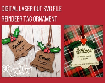 Reindeer Laser Cut File, Reindeer Ornament, Glowforge Collar Tag Bell with holly, Christmas Laser File, Christmas Laser SVG, Reindeer File