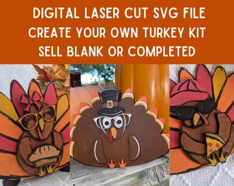 Può includere: Tre modelli di tacchino in legno tagliati al laser. I tacchini indossano occhiali, un cappello e un berretto da baseball. I tacchini tengono una torta, una pizza e un pezzo di pizza. Il testo "Create Your Own Turkey Kit" è sull'immagine.