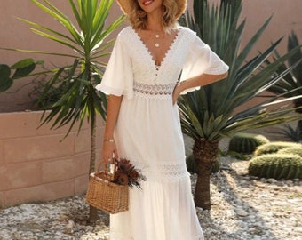 Boho white maxi dresses Clearance