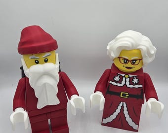 Figuras navideñas en miniatura de Papá Noel y Mamá Noel impresas en 3D al estilo LEGO