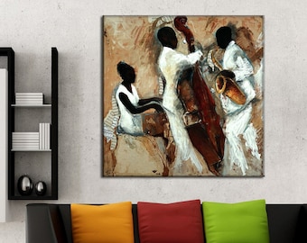 May include: A painting of three people playing music. The person on the left is playing a piano, the person in the center is playing a double bass, and the person on the right is playing a saxophone. The painting is done in a style that is reminiscent of abstract expressionism.