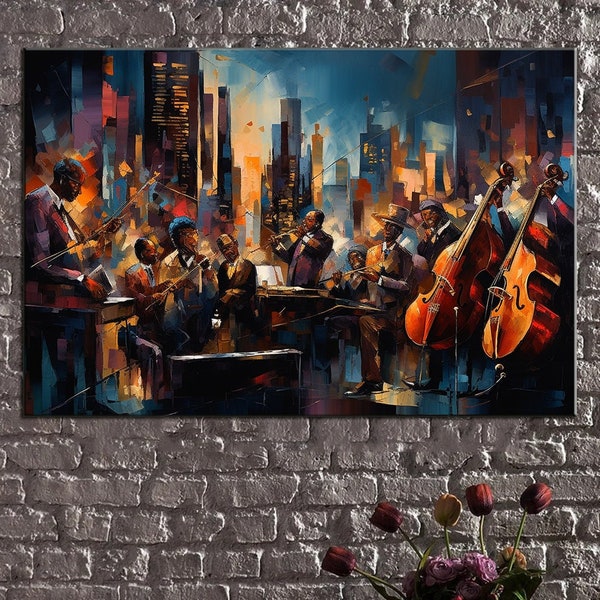 New York et Jazz, Jazz Club, Nuit et Musique, Concert, Orchestre, Décoration Murale Jazz, Peinture sur Toile