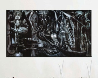 May include: A black and white surrealist painting depicting a scene of biomechanical figures and creatures. The artwork features intricate details and a sense of otherworldly mystery.