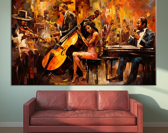 Jazz Club, Night and Music, Concert, Orchestra, Jazz Wall Decor, Canvas Painting