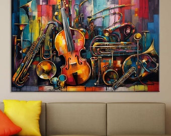 May include: Abstract painting of musical instruments in vibrant colors. A large violin is centered, surrounded by trumpets, saxophones, and other brass instruments. The background features a colorful, geometric design, creating a dynamic and artistic composition.