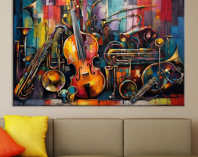 Instrumentos musicales, Club, Noche y Música, Concierto, Orquesta, Decoración de pared de jazz, Pintura en lienzo