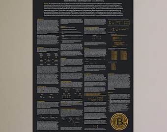 Puede incluir: Un póster negro y dorado con el título "bitcoin: A Peer-to-Peer Electronic Cash System" y una explicación detallada del sistema. El póster incluye un diagrama del logotipo de bitcoin y fórmulas matemáticas.