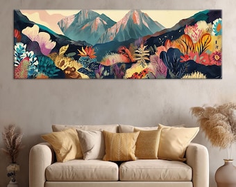Mountain View,Flowers, Minimalist Nature,Canvas Painting,Wall Art