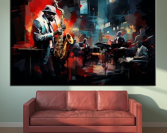 Jazz Club, Night and Music, Concert, Orchestra, Jazz Wall Decor, Canvas Painting