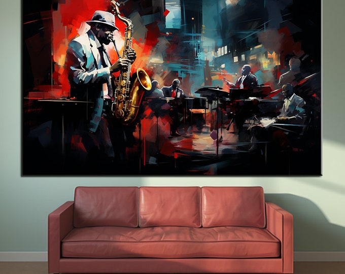 Jazz Club, Night and Music, Concert, Orchestra, Jazz Wall Decor, Canvas Painting