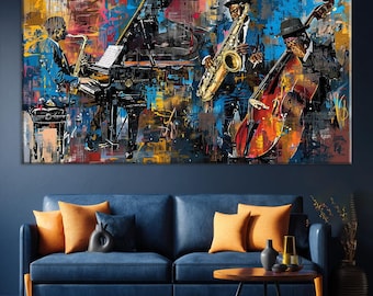 Black Jazz Canvas Painting  Wall Art, Jazz Club Abstract Music Painting with Piano, Saxophone,  Modern Jazz Musician Artwork for Living Room
