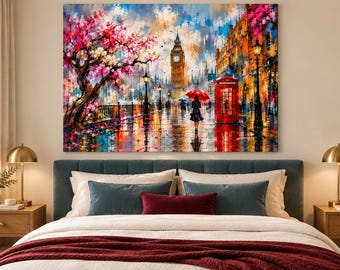 London Street Scene, Big Ben, Red Double Decker Bus, Rainy Cityscape, Modern Wall Art