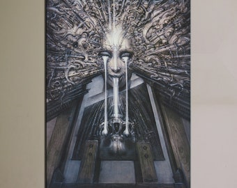 May include: A black and white surrealist painting of a crying face with a skull in the background. The face is surrounded by intricate details and appears to be weeping tears of light.