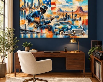 Blues Guitar, Art Vintage Car, Art American, Wall Art, Music Room Decor, Retro Canvas Art