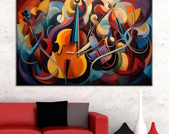 May include: Abstract painting of a violin, cello, and guitar in a swirling, colorful design. The instruments are rendered in shades of red, blue, yellow, green, and black.