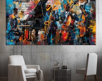African Black Jazz Club Musicia, Night and Music, Concert, Orchestra, Oil Painting, Canvas Painting, Wall Art,Wall Decor,
