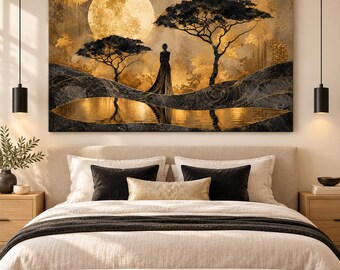 Black Gold, Wall Art, Golden Moon, Art African, Landscape Acacia Tree, Art Woman Silhouette