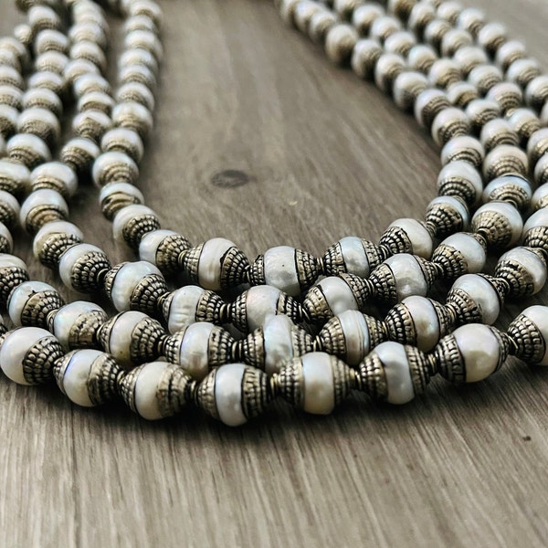 10 PERLES - 10 mm, perles d'eau douce tibétaines en argent, perles du Népal à double extrémité, perles pour fabrication de bijoux, GLAB57