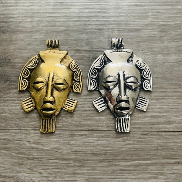 Large African Tribal Brass Mask, Ashanti Mask, African Jewelry, Handmade Mask, 7cm Long, DJP1