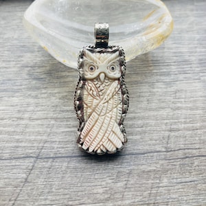 Hand Carved Buffalo Bone Owl Pendant: Tibetan Silver Jewelry image 1