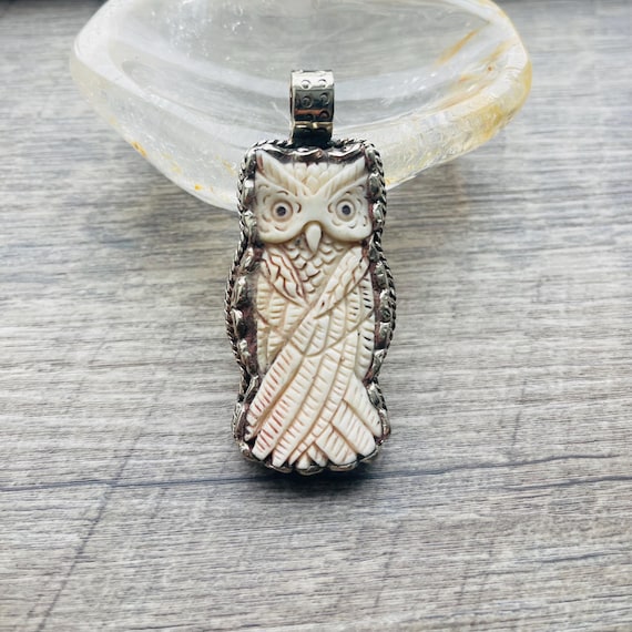 Hand Carved Buffalo Bone Owl Pendant: Tibetan Silver Jewelry