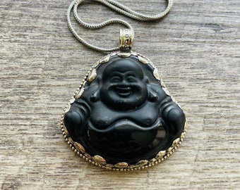 Natural Black Obsidian Buddha Pendant, 2.5”Tibetan Silver Handmade, Lotus Flower Hand Curved, Spiritual Pendant.. TSP46