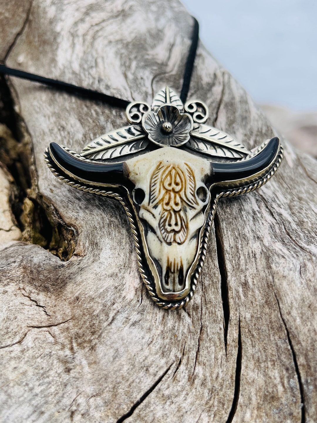 YOQUCOL Mens Long Horn Bull Head Western Cowboy Texas Silver