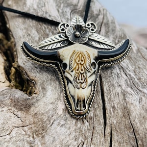 Long Horn Bull Head With Tibetan Silver Pendant, Buffalo Bone Curved, Southwestern Style Pendant..TSP19
