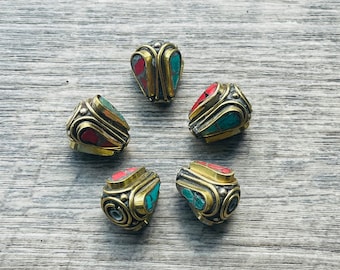 5 Nepal Brass Beads: Turquoise Coral Inlays, Ethnic Guru Beads (14x16mm)