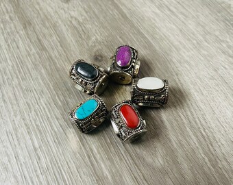 1 CUENTA - Cuentas grandes de plata tibetana: cuentas de Nepal en forma de barril (27 mm) turquesa, coral, concha, piedra morada, ónix negro, cuentas Gurú, FZB6