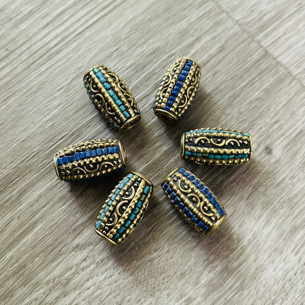 3 Beads - Tibetan Beads, Decorate Barrel Shape Turquoise Brass Beads, 13.5x25mm Long, Bourbon Barrel Shape, Straight Hole Beads, Fzb11